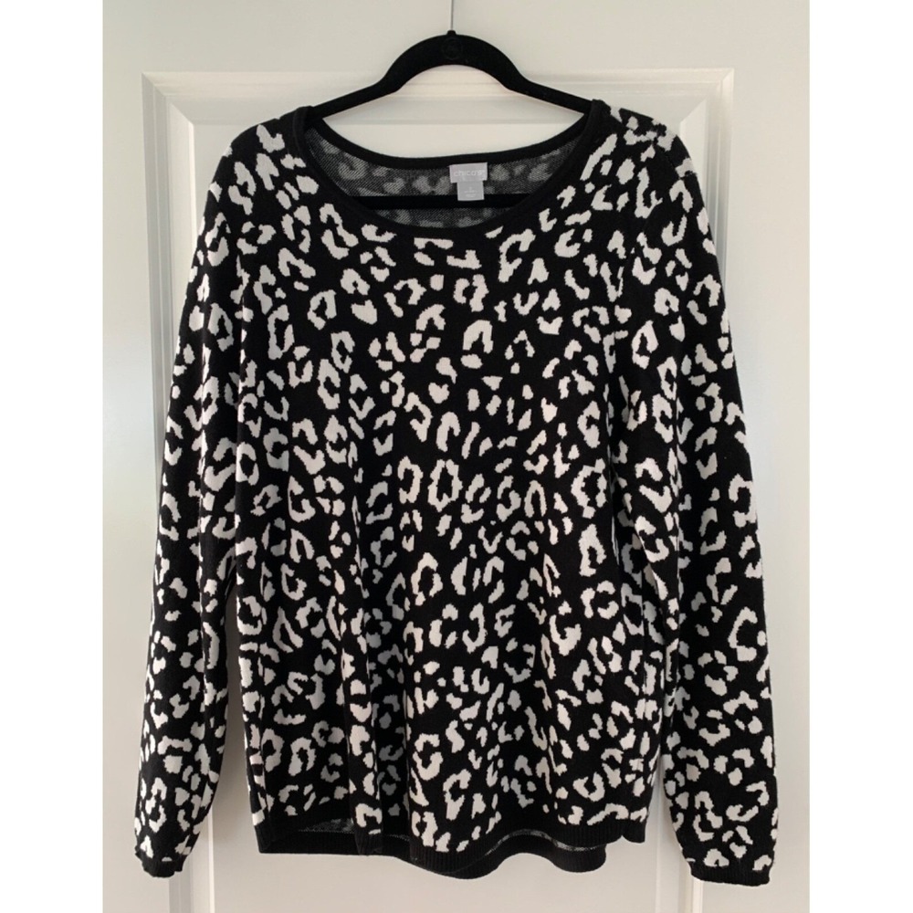 Chico's Women's Animal Print Sweater Leopard Black Off-White Sz 2  0008